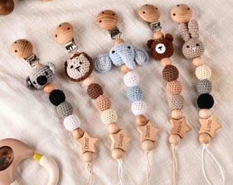 Custom Pacifier Holder With Crocheted Animal, Personalized Name Pacifier Clip, Wooden Dummy Clip, Soother Clip,Baby Shower Gift,Newborn Gift