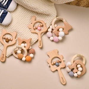 Personalized Wooden Baby Rattle, Custom Engraved Name Rattle, Animal Rattle With Bells, Baby Grasping Toy, Baby Shower Gift, Newborn Gift