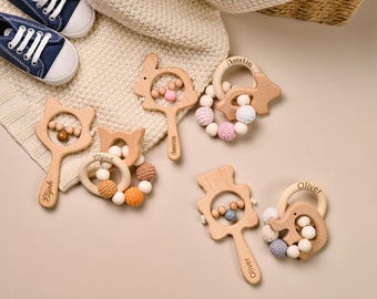 Personalized Wooden Baby Rattle, Custom Engraved Name Rattle, Animal Rattle With Bells, Baby Grasping Toy, Baby Shower Gift, Newborn Gift