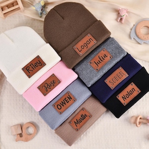 Personalized Baby Beanie, Knit Winter Beanie Hat With Name, Unisex Baby Hats, Gifts For Baby, Adult Kids Hat with Leather Patch
