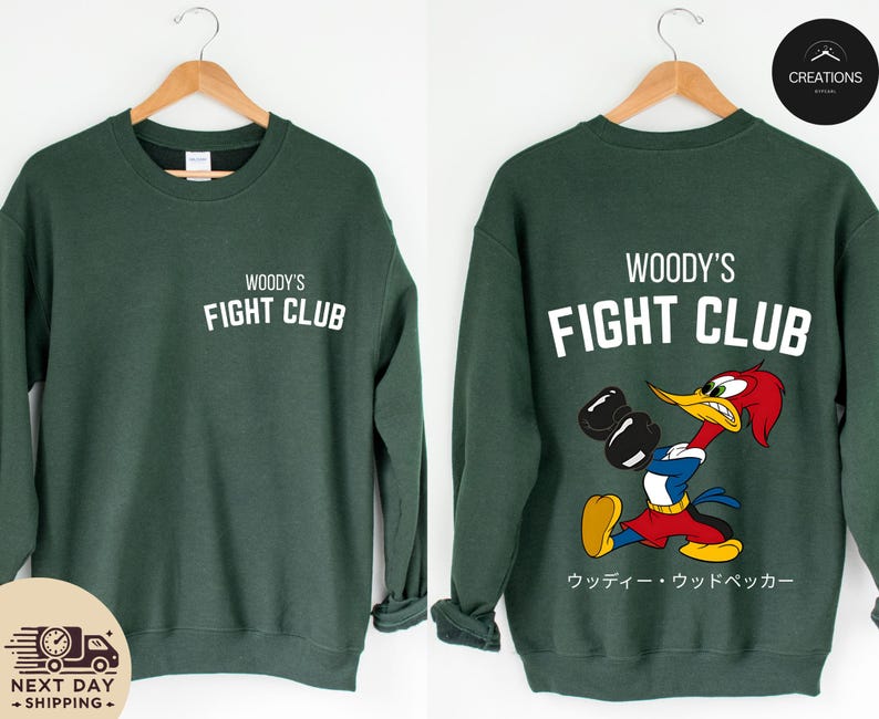 a pair of sweatshirts featuring woody's fight club and woody's fight