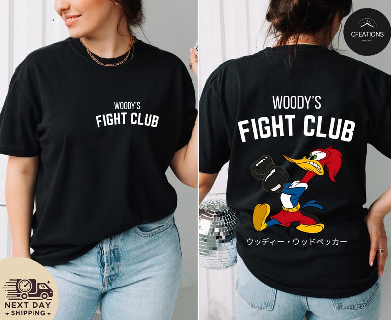 a woman wearing a t - shirt that says woody's fight club