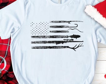 Hunting and Fishing Flag Shirt American Flag Shirt Hunting Tee Fishing Shirt Hunting Lover Gift USA Fishing T-Shirt Hunter And Fisher Gifts