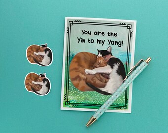 Best Friend Gift | Cats Cuddling Card | Yin and Yang Cat Art | Cat Lover Gift | Calico and Tuxedo Cat