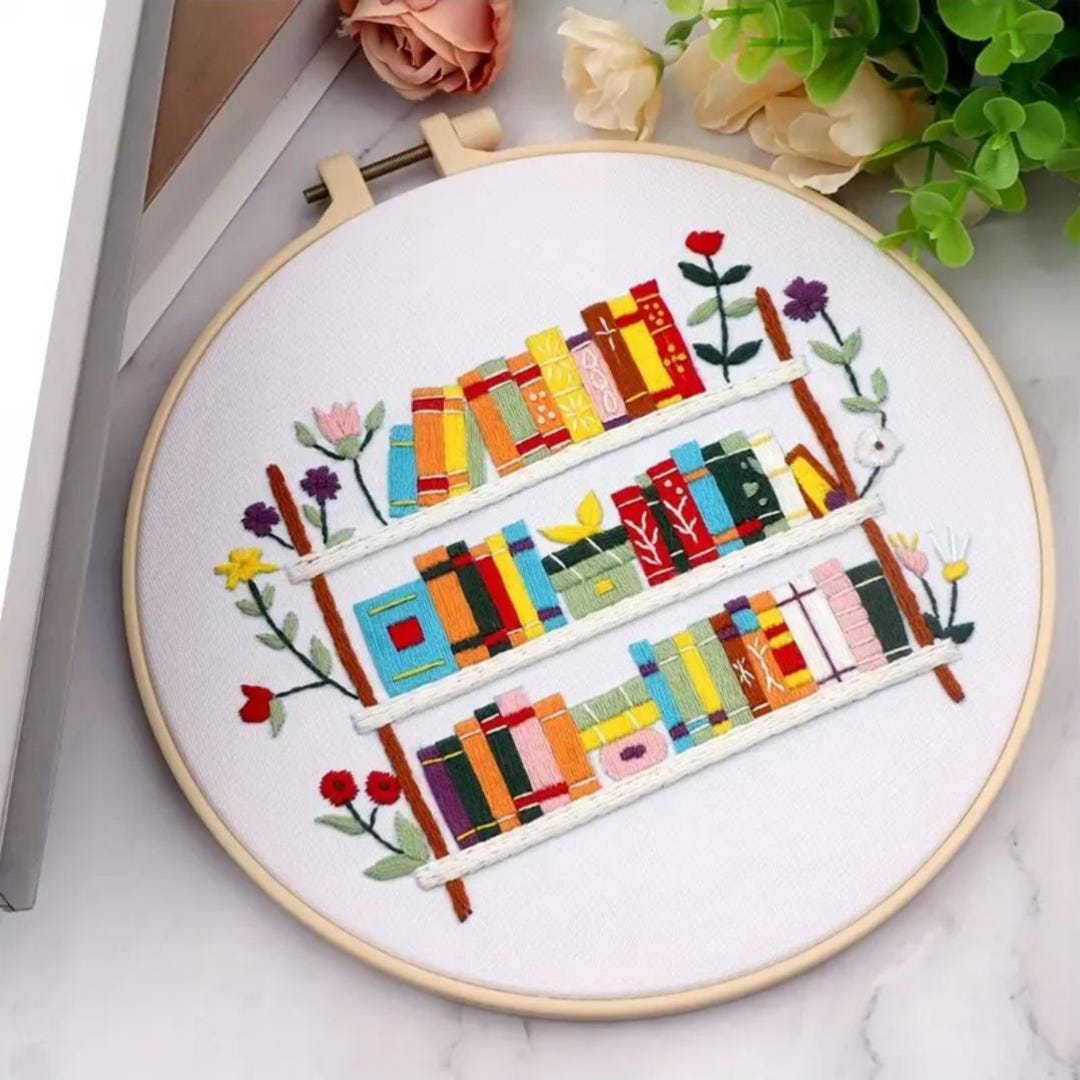DIY Embroidery Kit for Beginners – Bookshelf With Plants Design (7.9 ...