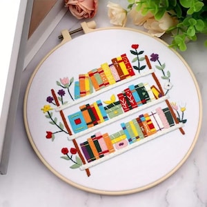 DIY embroidery kit for beginners – bookshelf with plants design (7.9 inch | 20.07 cm). Do it yourself crafts. Gift for book lovers, sewing