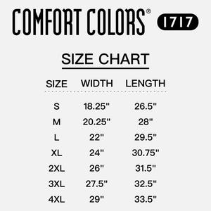 May include: A size chart for Comfort Colors apparel, displaying measurements in inches. Sizes range from S to 4XL, with corresponding width and length measurements. The chart includes the Comfort Colors logo and a product code.