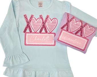 Girls Valentines Shirt, personalized Valentines day Shirt, heart shirt, monogrammed girls Valentines Shirt, xoxo, glitter