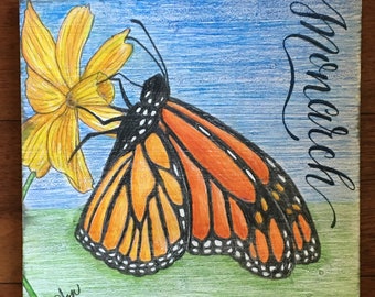Monarch 10x10" color pencil on white wash wood by LauriJon™ Design Studio