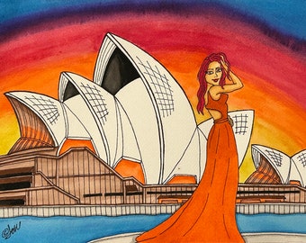 Sydney Women Of Travel - Sydney Opera House Watercolor Woman by LauriJon™ Design Studio