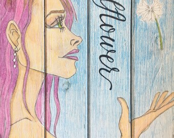 Wildflower Woman Wall Hanging 11x17" color pencil on white wash wood by LauriJon™ Design Studio