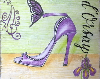 d'Orsay Butterfly Shoe 10x10" color pencil on white wash wood by LauriJon™ Design Studio