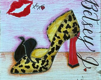 Betsey Johnson Leopard Shoe 10x10" color pencil on white wash wood by LauriJon™ Design Studio