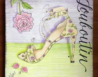 Louboutin 10x10" color pencil on white wash wood by LauriJon™ Design Studio