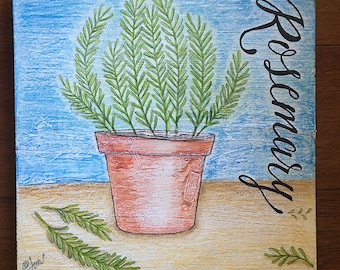 Rosemary 10x10" color pencil on white wash wood by LauriJon™ Design Studio