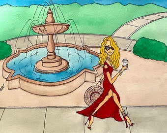 Los Angeles Women Of Travel Friend's Fountain Original Watercolor Woman by LauriJon™ Design Studio