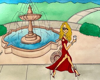 Los Angeles Women Of Travel Friend's Fountain Original Watercolor Woman by LauriJon™ Design Studio