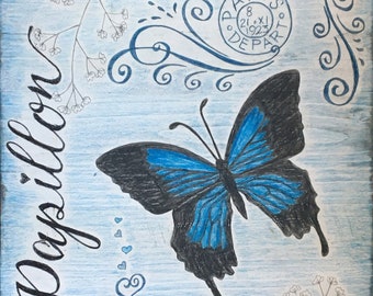 Papillon Butterfly 10x10" color pencil on white wash wood by LauriJon™ Design Studio