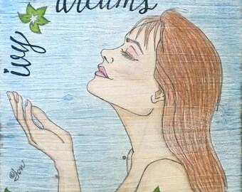 Ivy Dreams Wall Hanging 10x10" color pencil on white wash wood by LauriJon™ Design Studio