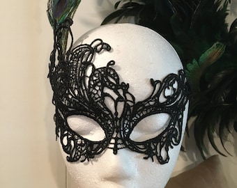 Peacock Feather Venetian Style Black Embroidered Mask by LauriJon™ Design Studio