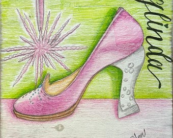 Glinda Sole Desires Shoe 10x10" color pencil on white wash wood by LauriJon™ Design Studio