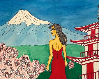 Mt. Fuji Women Of Travel - Mt. Fuji Japan Watercolor Woman by LauriJon™ Design Studio