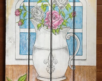 Roses Pink Gray Roses Pitcher Wall Hanging 11x17" color pencil on white wash wood by LauriJon™ Design Studio