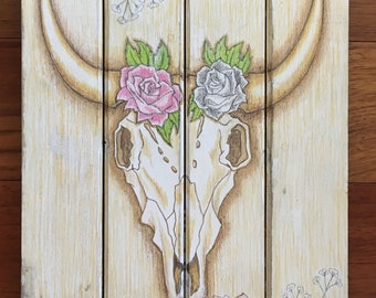 Cow Skull, Baby's Breath, and Roses Wall Hanging 11x17" color pencil on white wash wood by LauriJon™ Design Studio