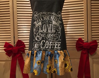 Upcycled Lily & Val Love and Coffee Chalkboard Towel Adult Apron by Pomegranate Diva™ LauriJon™ Studio City