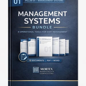 May include: A dark blue book cover with the title "MANAGEMENT SYSTEMS BUNDLE" in white letters. The cover also includes the text "6 OPERATIONAL TOOLS FOR SHIFT MANAGEMENT" and the logo of Mortex Hospitality Consulting.