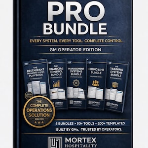 Op de afbeelding: Een donkerblauw boek met de titel "THE PRO BUNDLE" met de tekst "EVERY SYSTEM. EVERY TOOL. COMPLETE CONTROL." en "GM OPERATOR EDITION." Het bevat kleinere boeken met titels als "THE RESTAURANT OPERATING SYSTEM PLAYBOOK" en "THE FINANCIAL CONTROL BUNDLE."