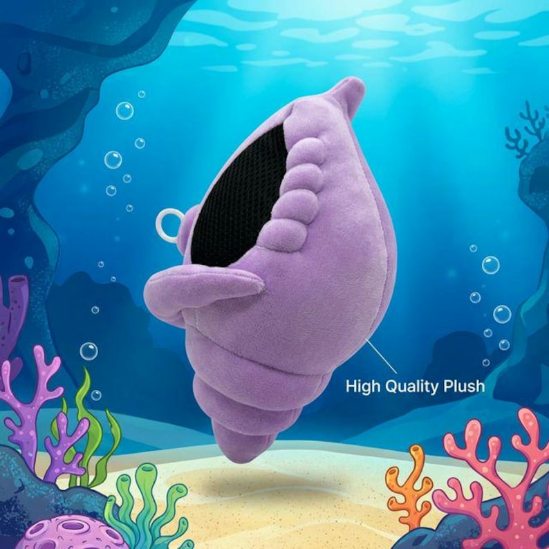 Purple handmade Magic Conch Shell plush toy floating in an underwater Bikini Bottom scene with coral and sea grass. Labeled "High Quality Plush" — hand-assembled 9-inch SpongeBob fan plush with pull-string voice box.