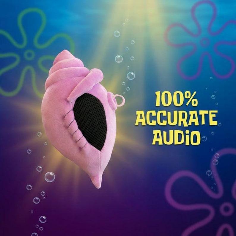 Pink and purple SpongeBob Magic Conch Shell plush toy with pull string and sound box, shown against a blue Bikini Bottom background. Text overlay reads "100% Accurate Audio" — the plush speaks 9 real phrases from the show.