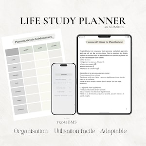 Peut inclure: Un planificateur d'étude numérique avec le texte "LIFE STUDY PLANNER" et "40 SEMAINES". L'image comprend une tablette, un smartphone et un planificateur imprimé, affichant tous du contenu lié aux études. Le planificateur est conçu pour l'organisation et une utilisation facile.