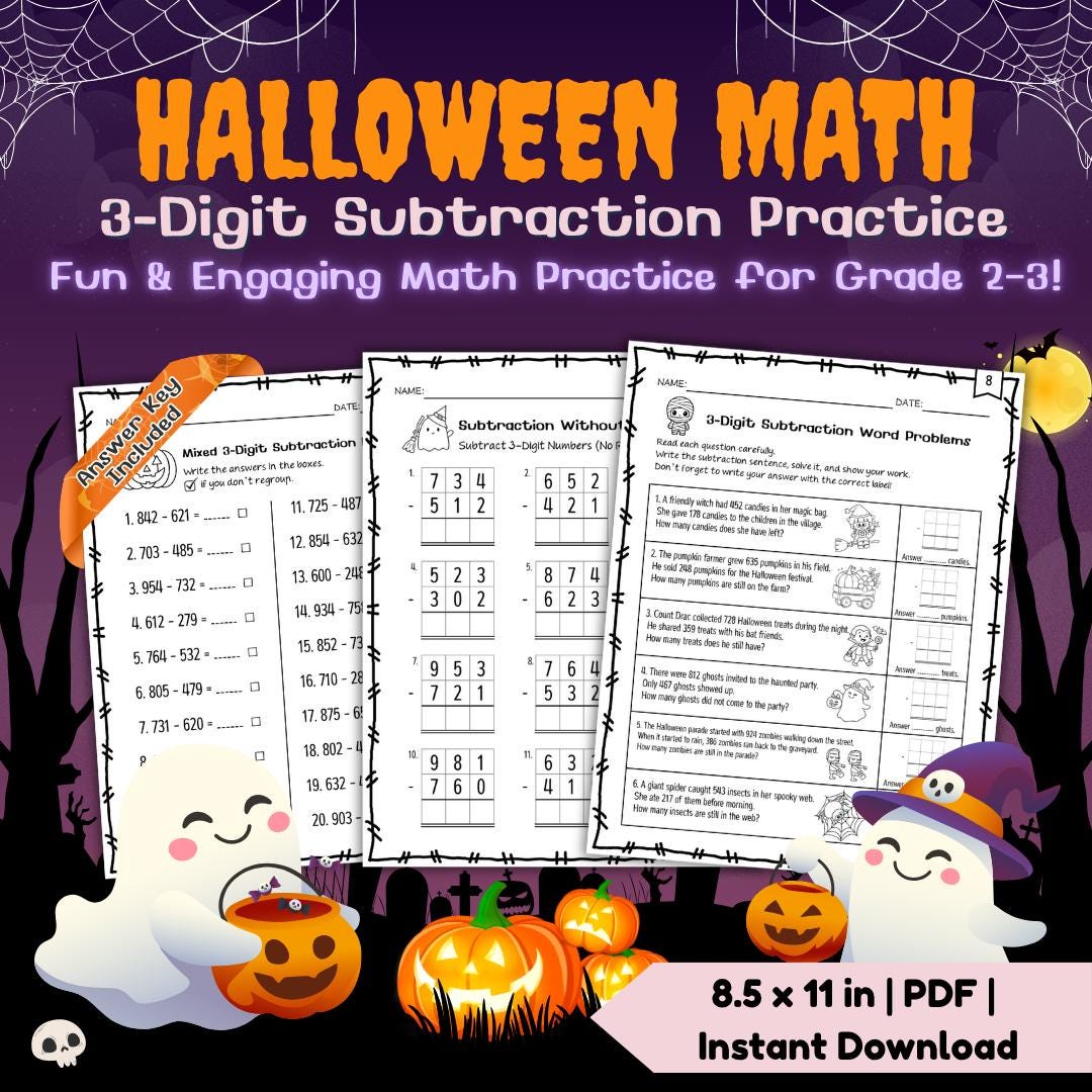 Halloween Math 3-digit Subtraction Practice Worksheets | Fun Halloween ...
