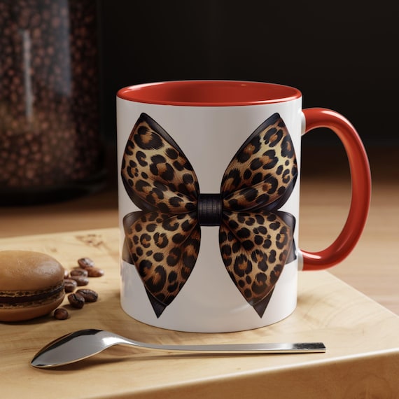 Mug, Leopard Print Bow Accent Coffee Mug for Valentines, Valentine's Day Gift, Cute Animal Print Cup, Coffee Lover Gift, Unique Tea Mug