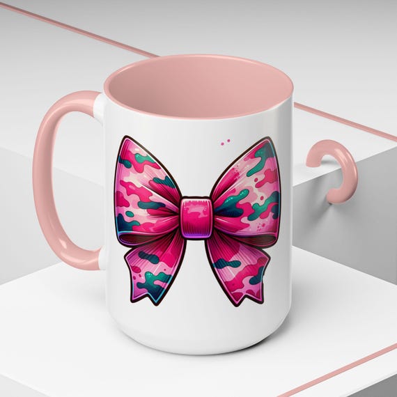 Pink Camo Bow Coffee Mug | Cute Gift for Her, Office Decor, Birthday Present, Personalized Coffee Lover Mug, Fun Drinkware
