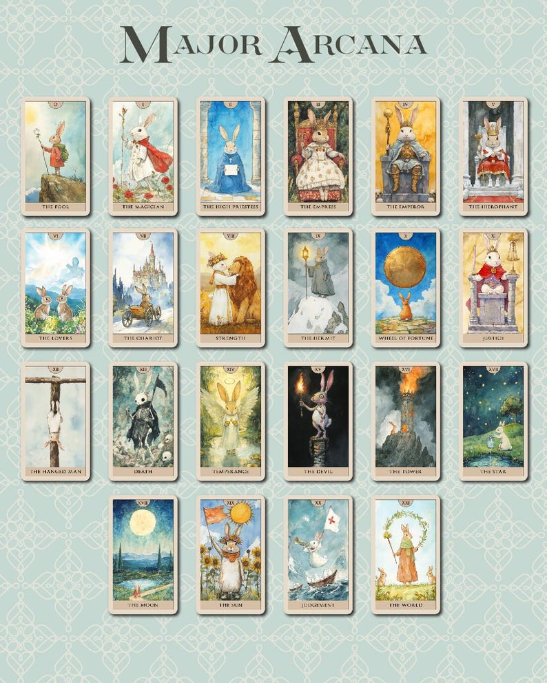 K&ouml;nnte beinhalten: Ein Tarotkartenset mit Aquarellillustrationen von Kaninchen in verschiedenen Szenen. Die Karten sind mit Titeln wie "Der Narr", "Der Magier" und "Die Liebenden" beschriftet. Die Worte "Major Arcana" stehen oben.