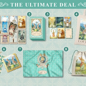 K&ouml;nnte beinhalten: Eine Auswahl an Artikeln mit Kaninchen-Illustrationen, darunter ein Tarot-Deck, Karten, eine Tragetasche und ein Kordelzugbeutel. Der Text "THE ULTIMATE DEAL" steht oben. Die Tragetasche tr&auml;gt den Text "LOUIS ART".