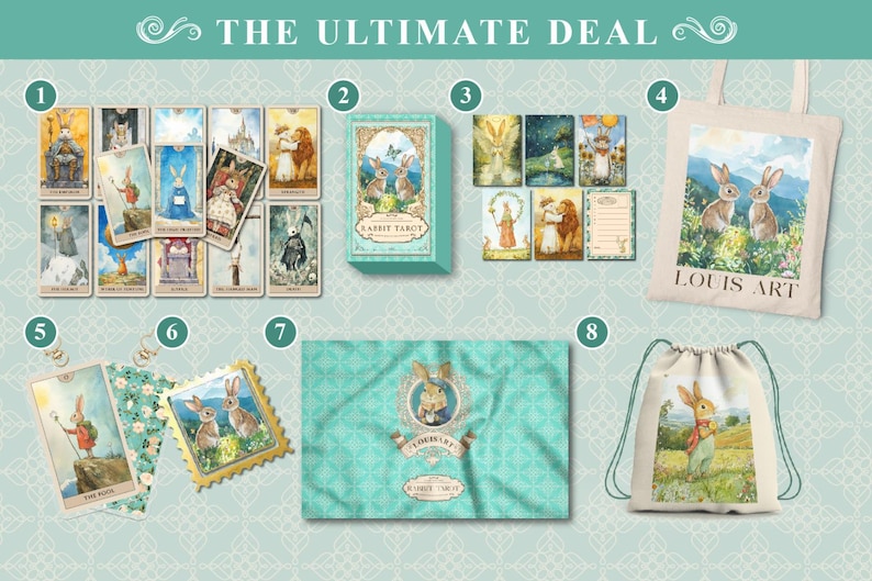 K&ouml;nnte beinhalten: Eine Auswahl an Artikeln mit Kaninchen-Illustrationen, darunter ein Tarot-Deck, Karten, eine Tragetasche und ein Kordelzugbeutel. Der Text "THE ULTIMATE DEAL" steht oben. Die Tragetasche tr&auml;gt den Text "LOUIS ART".