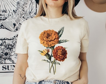 Marigold Shirt | Wildflower Tshirt | Vintage Style Wildflowers Graphic Tee Shirt for Women | Botanical shirt | Women's graphic tees