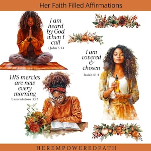 Afirmaciones llenas de fe – Pegatinas digitales de una chica negra cristiana – Hoja de pegatinas para GoodNotes / 24 PNG inspiradores – Pegatinas digitales de otoño