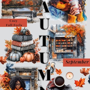 May include: An autumn-themed collage with the word "AUTUMN" in large letters. The image includes a woman with a drink, a stack of sweaters, pumpkins, and fall foliage. The word "September" is also visible.