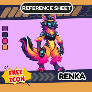 Könnte beinhalten: Bunte digitale Illustration eines pelzigen Charakters namens Renka. Der Charakter hat ein wolfsähnliches Aussehen mit neonpinken, gelben, orangefarbenen und schwarzen Akzenten. Das Bild enthält den Text "REFERENCE SHEET" und "FREE ICON".