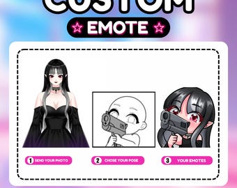 May include: A graphic with the text "CUSTOM EMOTE" and three steps for creating custom emotes. The steps include sending a photo, choosing a pose, and receiving the emotes. The image includes examples of the emotes.