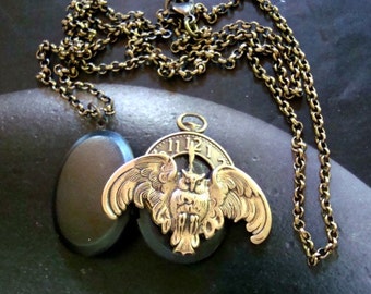 Steampunk Locket, Owl and Clock Necklace, Wings, Time, Flight Vessel, 24" Chain with Vintage Ox finish