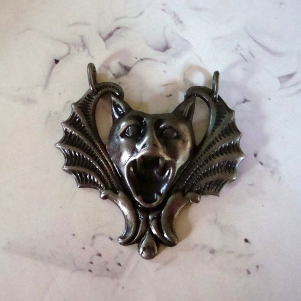 Supplies, Gothic, Victorian Vintage Silver Ox, Gargoyle Pendant, Winged Dark Creature Necklace Supply, Two Ring Connector, Handmade, USA