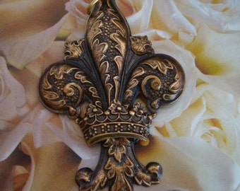 CROWNED FLEUR DE Lis Pendant, Necklace, or Brooch, Antique Brass, Silvered Soldered Not Glued