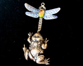 DRAGONFLY and Frog Pendant, Jewelry Supply, Necklace Pendant, The Fun Is In The Chase, BEJEWELED  Handmade, USA, Glass Jewe