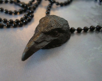 Gothic Ravens Head Necklace, Black Powder Coat Ball Chain, Death, Power, Black Magic